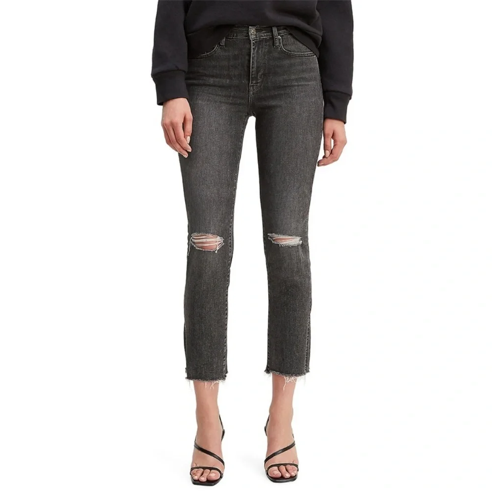 Levi’s Premium 724 High Rise Straight Distressed Washed Black Jeans Sz 28